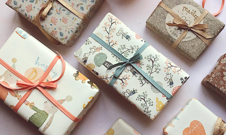 gifts wrapped in maileg mouse party paper