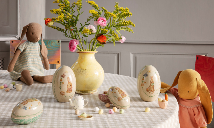 maileg bunnies sitting at easter table