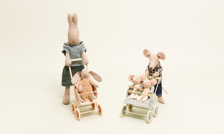 maileg rabbit and mouse pushing babies in stroller