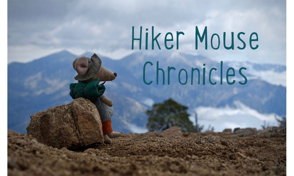 Maileg Hiker Mouse overlooking a mountain 